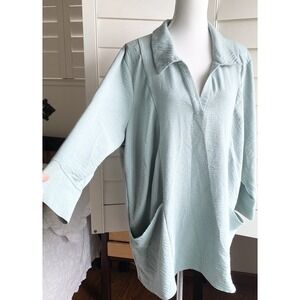 Nina Leonard‎ Plus Women 3X Lagenlook Tunic V Neck Top Sage Green Pocket READ
